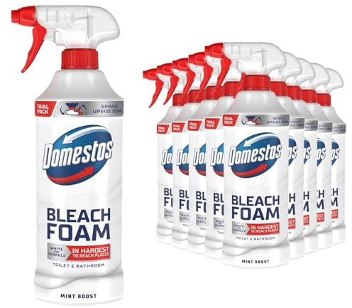 Domestos Bleach Foam Toilet and Bathroom Cleaner Spray Mint Boost 380ml, 12 Pack - Tough on Limescale and Soap Scum, Fast Acting Cleaning Spray for Toilets, Tiles and Bathroom Surfaces