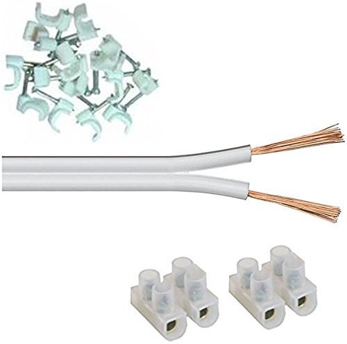 electrosmart® Speaker Cable Extension Kit suitable to Extend Speaker Cables – Kit Includes White 2x 13 Strand Loud Speaker Cable - White Speaker Cable Clips - Speaker Cable Joining Block (10m Kit)