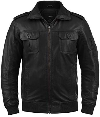 !Solid Famash Herren Lederjacke Bikerjacke Echtleder mit Stehkragen, Größe:L, Farbe:Black (S9000)