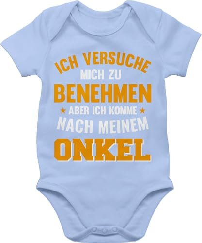 Baby Body Junge Mädchen - Sprüche - Ich versuche mich zu benehmen aber ich komme nach meinem Onkel orange - 6/12 Monate - Babyblau - babymode witzig spruch neffe bodys babybody mit sprüchen