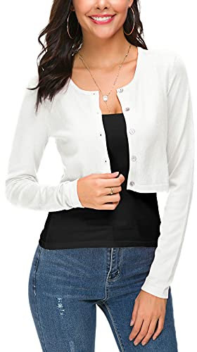 EEVASS Donna Elegante Maniche Lunghe Breve Coprispalle Bottoniera Girocollo Maglia Cardigan (S, Bianco)
