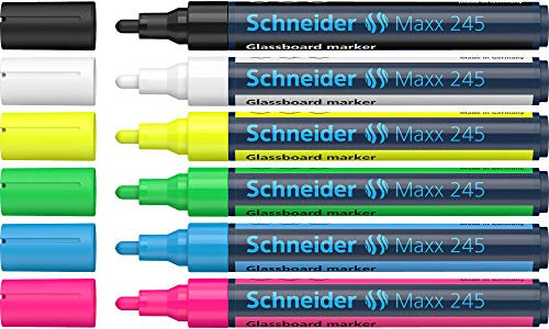 Schneider Maxx 245 Glasboardmarker / Whiteboard Marker (für Glasflächen, trocken abwischbar) 6er Etui schwarz, weiß, gelb, grün, blau, pink