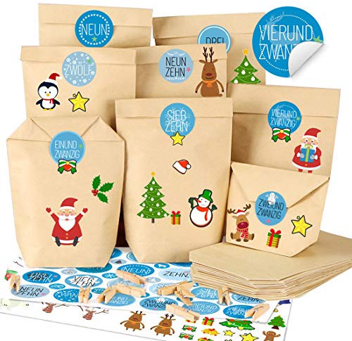 Adventskalender zum Befüllen Blue, Adventskalender Selber Basteln, 25 Adventskalender Tüten mit Zahlenaufklebern und Klammern, Weihnachtskalender DIY Bastelset zum Gestalten für Kinder Jungen