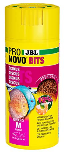 JBL PRONOVO BITS GRANO, Hauptfutter für für Diskus und Buntbarsche von 8-20 cm, Klickdosierer, Fischfutter-Granulat, Größe M, 250 ml