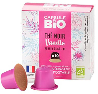 CAPSUL&BIO Thé Noir Bio Vanille - Compatible avec les machines à Capsules Nespresso - 10 Capsules Biodégradables, 100% Végétales - Rapide et Sain - Fabriqué en France.
