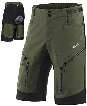 ARSUXEO Radhose Herren MTB Shorts Gepolstert Getrennte Unterhose Lose Fit Fahrradhose Wasserabweisend 1903 001D Armeegrün Large