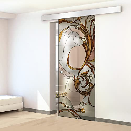 Porta scorrevole in vetro colorato dipinto a mano, modello SI marrone 85x215 cm (60/85/95 cm) 8 mm vetro trasparente, kit completo di ferramenta (85x215 cm, DESTRA)