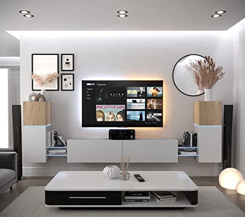 Furnitech Wohnwand Wohnzimmer | Wohnzimmer Möbel mit LED Weiß | Hängend Wohnwand Modern | Wohnzimmer Schrankwand mit Regale und TV Schrank (AN104-21SW-M8 1A)