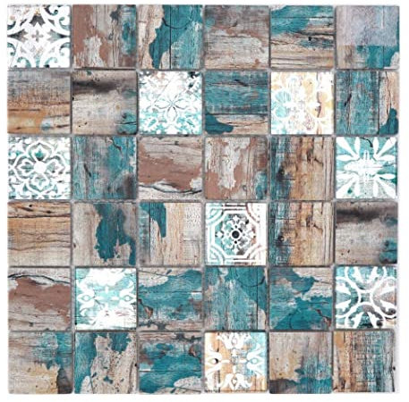 Glasmosaik Mosaikfliese Medio Vintage Patchwork beige pertrol Holzoptik Ornament Wand Fliesenspiegel Küche Dusche