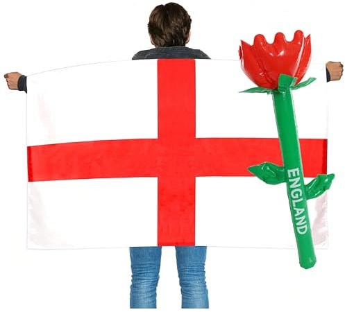 I LOVE FANCY DRESS England Supporters Set - England St. George's Wearable Flag Cape and Inflatable Rose - Six Nations Rugby Sports Supporters England Accessory Set