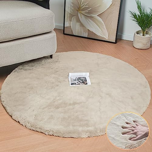 ORINOVA Runder Teppich Beige Flauschig Waschbar Fellteppich 120 cm Kunstfell Kurzflor Teppich Schlafzimmer Rund Wohnzimmer Bettvorleger Kinderzimmer Weich Deko