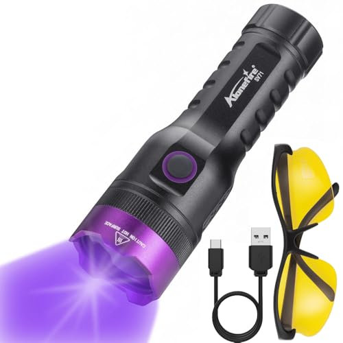 Alonefire SV71 15W 365nm UV Taschenlampe Stark Typ C USB Aufladbar Schwarzlicht Haustierurin Detektor Geld-Detektor für UV Harz, Angeln, Skorpion, Bernstein, Mineralien mit UV Schutzbrille, Batterie