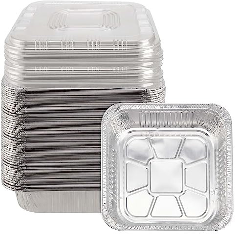 PINGEUI Paquete de 30 bandejas de aluminio de 20,5 x 20,5 x 4,5 cm, con tapa transparente, bandejas de aluminio para cocina, camping y restaurantes