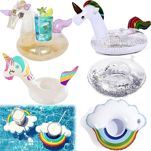 Posavasos Piscina, Saijer Portavasos Inflable Soporte Inflable para Bebidas Flotador Bebidas Piscina Posavasos Flotadores Set Unicornio Hinchables Mini Flotadores para Bebida Fiesta de Playa 5 Piezas