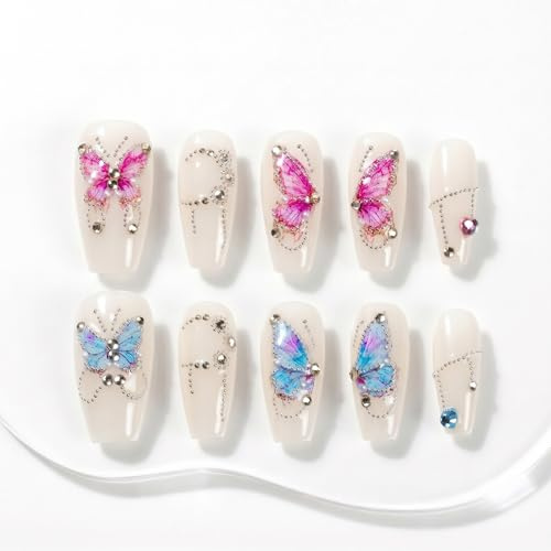 Sun&Beam Nails Handmade Press-On Nails Medium Ballerina White (#090 M) | Handmade 10-piece set in milky white with pink and blue butterfly art and glossy rhinestone accents