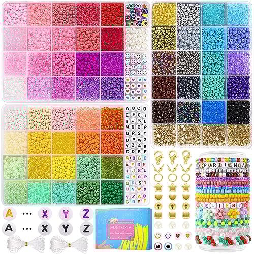Funtopia 4mm 7800 Pcs+ Seed Beads for Jewelry Making, 60 Colors; Craft Kit With Alphabet Letter, Evil Eye, Small Glass Beads for DIY, Art and Craft