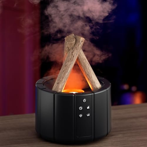 Campfire Flame Fire Diffuser 250ML with Remote Control, Silent Flame Humidifiers Aromatherapy Essential Oil Diffuser Timing With Bonfire Shape Warm Light And 7 Colorful Lights For Home Bedroom,Black