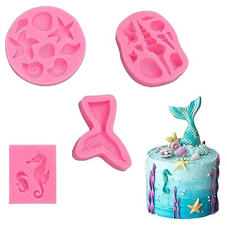 4 Pezzi Stampo in Silicone Sirena, Stampo per Fondente Animali Marini, Fondant Silicone Mold, Stampi Fondente in Silicone Sirena, Stampo da Forno in Silicone Oceano, per Torta, Cioccolato, Mousse