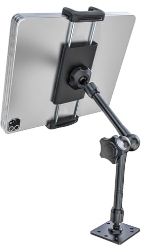 Kolasels Metal Drill Base Car Tablet Holder Mount, Heavy Duty Dashboard Tablet Holder with Adjustable Arms Use for Truck/Van/Wall/Desk, Compatible with iPad, iPhone and 4.7-13 Tablet