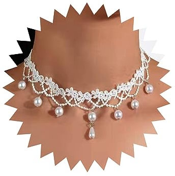 Atentuyi Boho Wedding Flower White Lace Choker Necklace Silver Bead Tassel Pearl Pendant Necklace Vintage Rose Floral Choker Collar Clavicle Short Necklace Jewelry for Women Teen