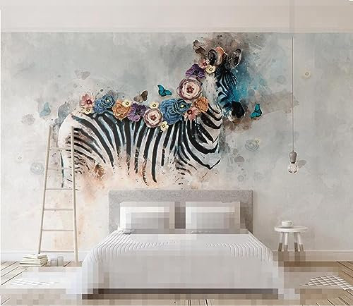 Tapete 3D Wandbild Vintage Zebra Blume Schmetterling Aquarell Fototapete 3D Effekt Vliestapete Wohnzimmer Schlafzimmer Wanddeko