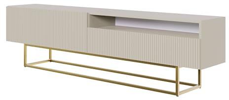 Selsey Mueble De TV Mesa De TV 175 cm con Patas Doradas con Compartimento Abierto Fachada Fresada Gris Beige Veldio