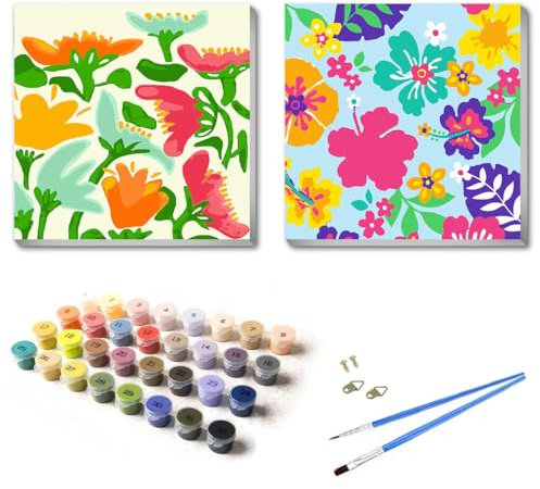 UNIQUORS Malen Nach Zahlen Kinder mit Rahmen Bunt Blumen, 2 Pack Gemälde Abstrakt für Erwachsene, Ölgemälde Modern mit 4 Pinsel, Acrylfarbe,20 x 20 cm