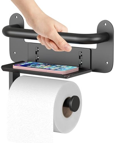 VAEHOLD Toilet Paper Holder with Assist Bar Toilet Grab Bar Stainless Steel Handrail Toilet Roll Holder Wall Mounted Tissue Holder with Phone Shelf Black