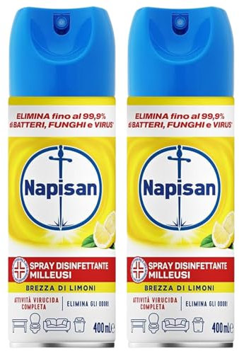 Spray Disinfettante Milleusi, Profumazione Brezza Di Limone, Elimina Fino Al 99,9% Di Batteri, Funghi e Virus 400ml (2 Spray)