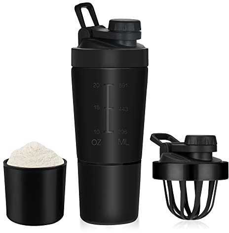 ROCKY&CHAO Shaker à protéines en acier inoxydable - 700 + 200 ml - Avec compartiment à poudre - Pour le sport, le fitness - Bouteille de protéines (avec couvercle à bouton) - Noir