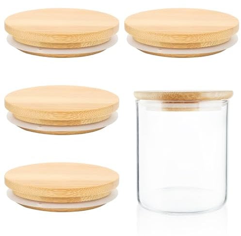 GIKPAX 4 Pcs Bamboo Lids, 8cm Bamboo Lid Compatible with Cheesecake Jars Reusable Glass Storage Can Lids Storage Lids with Silicone Sealing Ring for Storage Cheesecake Jars and Food, GEH0083_2402