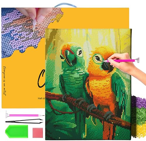 Oh Art! Diamond Painting Diamantmosaik Diamant Bilder Set 5D Mit Rahmen DIY Stickerei Nach Zahlen Erwachsene Leinwand 30 x 40 cm Papageien Auf Dem Ast