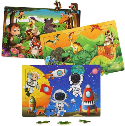 Children's Puzzle Game Set 3-4 5-6 Year Old Puzzle Games, Educational and Entertainment Themes, Animals, Dinosaurs, Space (rectangle)