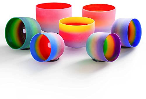 Cuenco tibetano de cristal de cuarzo esmerilado arco iris, juego de 6 a 12 pulgadas, para yoga, curación de sonido, limpieza de cristales, meditación, con golpeador de gamuza, mazo de goma (