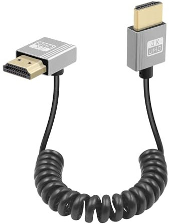 GELRHONR Câble Spiralé HDMI 4k, Haute vitesse 4K@60Hz HDMI vers HDMI 2,0 cordon d'extension hdmi mâle à mâle ultra mince câble flexible à ressort, pour Monitors sur caméra, tv, projector (Down Angle)