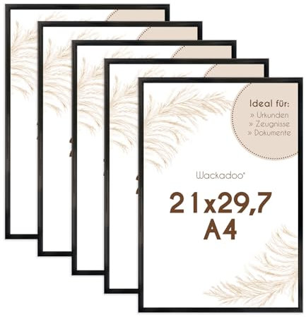Wackadoo Bilderrahmen A4 21x29.7 (DIN A4) Schwarz 5er Set Fotowand Fotorahmen aus leichtem Kunststoff mit Glas Picture frame Poster