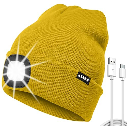 ATNKE LED Mütze mit Licht, USB Typ C Wiederaufladbare 4 LED Beleuchtete Laufmütze Extrem Heller Lampe Winter Warme Stricken Mütze für Herren und Damen Geschenke/Yellow