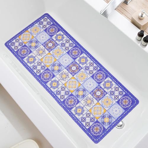 Tapis de bain antidérapant en luffa en PVC doux pour baignoire avec trous de drainage Séchage rapide Bleu 100 x 40 cm
