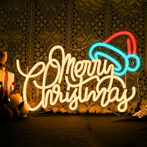 LUCUNSTAR Cartel de neón con texto en inglés «Merry Christmas Hat Neonschild Wanddekoration,Dimmbar Neon Signs mit USB für Party im Innenbereich,Fenster,Kinder,Schlafzimmer Wohnzimmer,