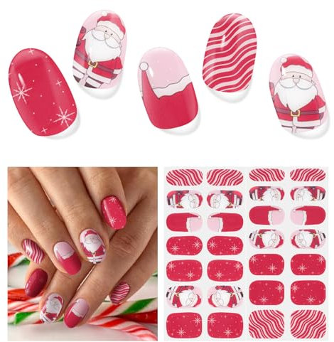 Semi Cured Gel Strips, 28 Pcs Christmas Santa Stickers, Full Nail Wraps, Red Gel Stickers for Nails, Works with Any UV Lamp