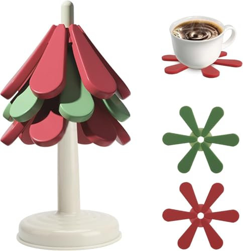 Sottobicchieri a forma di albero di Natale, 3 pezzi, sottopentola per piatti caldi, in silicone, resistenti al calore, lavabili, decorativi, per tavolo da pranzo, teiera, piatti caldi (rotondi)