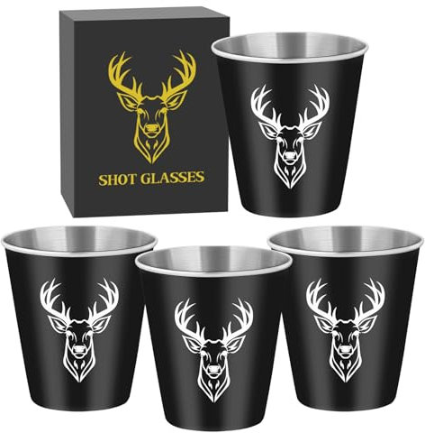 Edelstahl Schnapsgläser mit Weißer Hirschkopf, 4 Stück, 70ml, mit Geschenkbox, Stapelbar Trinkbecher, Partybecher, Vatertagsgeschenk, Geschenke für Jäger, Hochzeit, Geburtstage, Picknick, Camping