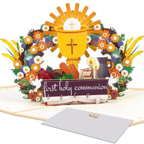 First Holy Communion 3D Pop-Up Card - Religious Communion Card for Boys and Girls, Golden Chalice with Doves, Cross, and Wheat - Congratulatory Christian Gift for Catholic Children