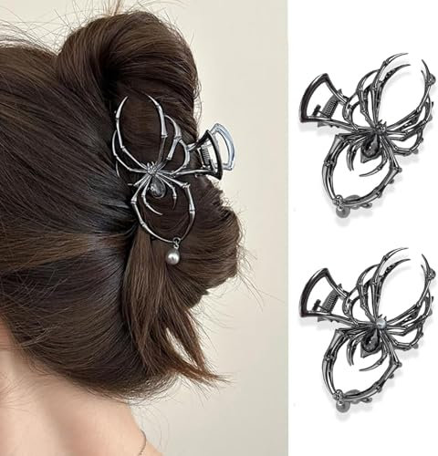 Yeomju 2 Stück Spinnen Haarklammer Metall, Legierungs Haar Krallenklammern, Silberne Spinnen Gothic Metall HaarKlammer für Punk & Y2K Stil Haaraccessoires(2 Schwarz)