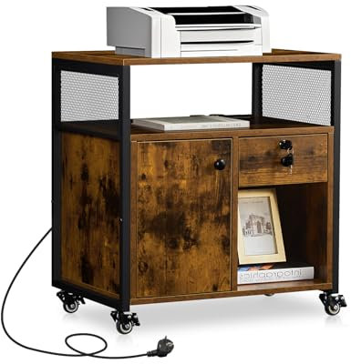 TUKAILAI Rollcontainer mit Schubladen, Büroschrank mit Schubladen und offenen Fächern, Abschließbar Mobiler Aktenschrank, Druckerschrank mit Rollen 60x43x66,5 cm