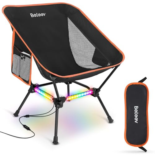 BELEEV Campingstuhl Faltbar mit LED Lichtstreifen, Kleines Packmaß Camping Chair für Nacht Geeignet Sorgt für Mehr Atmosphäre, für Nächtliches Camping im Freien, Lagerfeuer, Party, Sternenbeobachtung