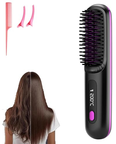 Go Brush Pro – Bärbar trådlös mini-hårplattborste för kvinnor med LCD-temperaturdisplay, 2 000 mAh, snabb uppvärmning och trådlöst keramiskt plattjärn (BK)