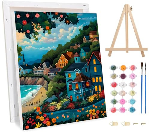 Jawecci Fleurs Peinture Numero Adulte avec Cadre, Complet Peinture au Numéro pour Débutants, Villa en bord de mer Painting by Numbers avec Pinceaux et Pigment Décoration Murale Élégante 30x40cm