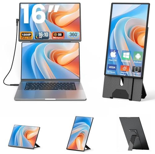 Kwumsy Monitor Portatile Per Laptop 16 Pollici, FHD 1920x1200P Doppio Monitor Portatile Per All Laptop, Con 16:10 Ultra Sottile Schermo, Supporto Girevole A 360° E Staccabile Schermo (Montabile VESA)