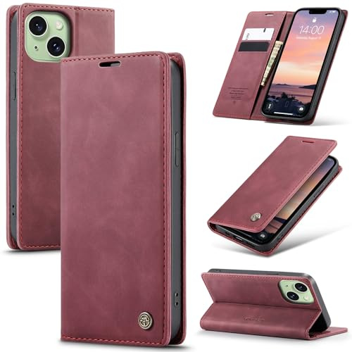 Azororo Coque pour iPhone 15 5G Premium Housse Cuir Protection Pochette Rabat Portefeuille Flip Case Porte Magnétique Coque Étui pour iPhone 15, Vin Rouge